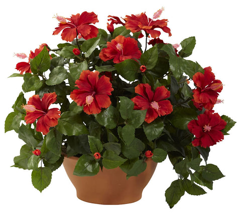 6735 Hibiscus Silk Plant with Clay Planter by Nearly Natural | 20 inches
