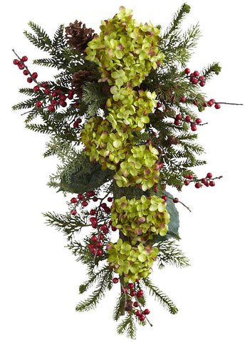 4940 Hydrangea Pine & Berry Silk Holiday Teardrop by Nearly Natural | 26"