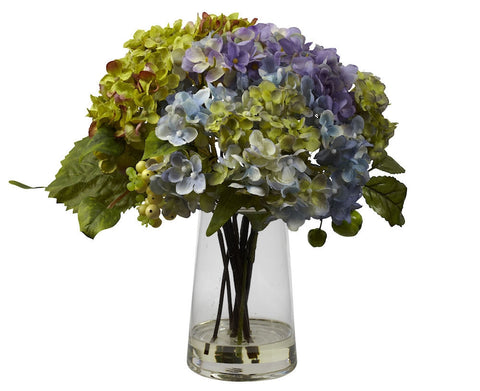 4935 Hydrangea Silk Flowers in Water w/Vase by Nearly Natural | 11 inches