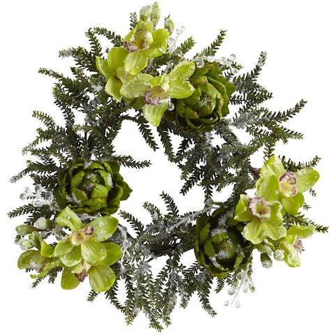 4948 Iced Cymbidium & Artichoke Holiday Wreath by Nearly Natural | 22"