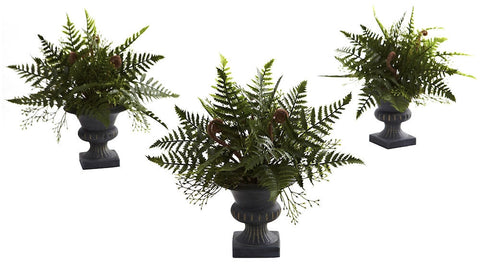 4976-S3 Mixed Fern Set of 3 Silk Plant with Urn by Nearly Natural | 10 inches