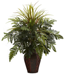 6754 Mixed Grass & Fern Silk Plant w/Planter by Nearly Natural | 29 inches