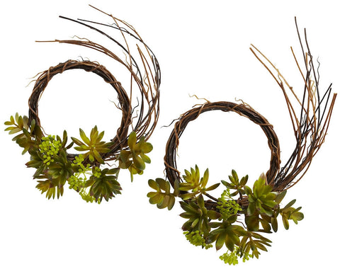 4957-S2 Mixed Succulents Set of 2 Silk Wreaths by Nearly Natural | 9 inches