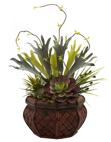 6752 Mixed Silk Succulents w/Bamboo Planter by Nearly Natural | 20 inches