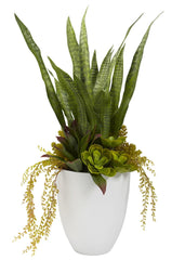 4960 Mixed Silk Succulents with White Planter by Nearly Natural | 30 inches