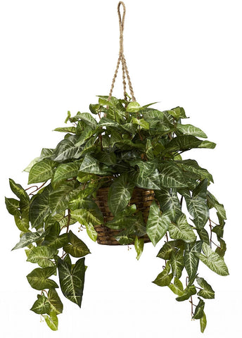 6738 Nephthytis Silk Hanging Plant w/Basket by Nearly Natural | 24 inches