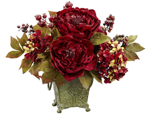 4928 Peony & Hydrangea Silk Arrangement by Nearly Natural | 14 inches