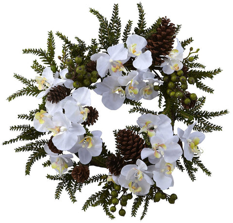 4945 Phalaenopsis & Pine Artificial Wreath by Nearly Natural | 22 inches