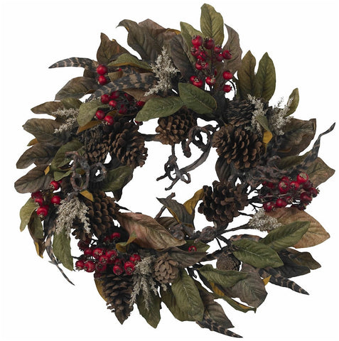 4901 Pine Cone Berry & Feather Holiday Wreath by Nearly Natural | 22 inches