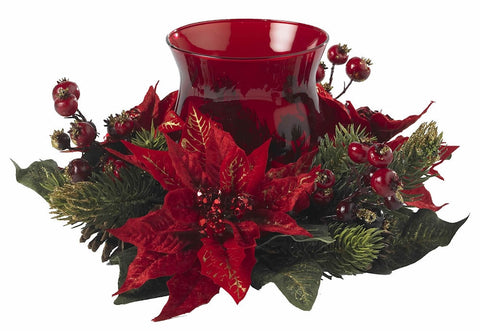 4920 Poinsettia & Berry Holiday Candelabrum by Nearly Natural | 13 inches