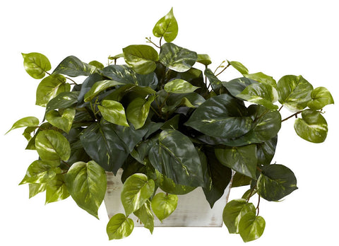 6713 Pothos Silk Plant with Wood Planter by Nearly Natural | 14 inches