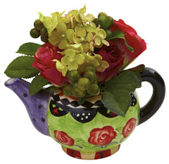 4817 Rose & Hydrangea Teapot Silk Arrangement by Nearly Natural | 8 inches