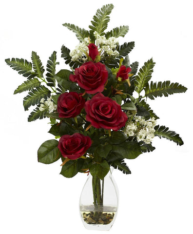 1308-RD Red Rose & Mixed Silk Flowers in Water in 2 colors by Nearly Natural | 21"