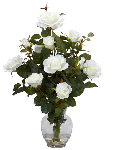 1281-WH White Silk Rose Bush in Faux Water in 2 colors by Nearly Natural | 22 inches