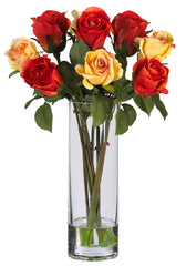 4740 Silk Roses in Water w/Cylinder Vase by Nearly Natural | 16 inches