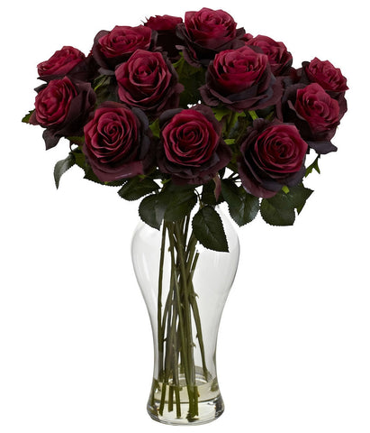 1328-BG Burgundy Silk Roses in Water w/Vase in 8 colors by Nearly Natural | 18 inches