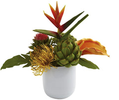 4820 Tropical Floral Silk Arrangement w/Vase by Nearly Natural | 14 inches