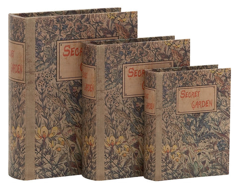 61450 Secret Garden Canvas Wood Faux Book Box Storage Set of 3 by Benzara