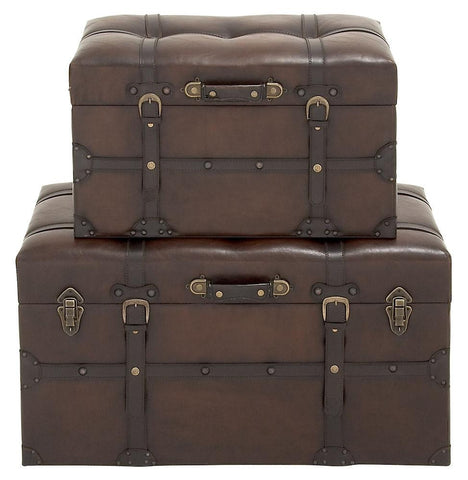 55754 Cushion Top Faux Leather Wood Storage Trunk Set of 2 by Benzara