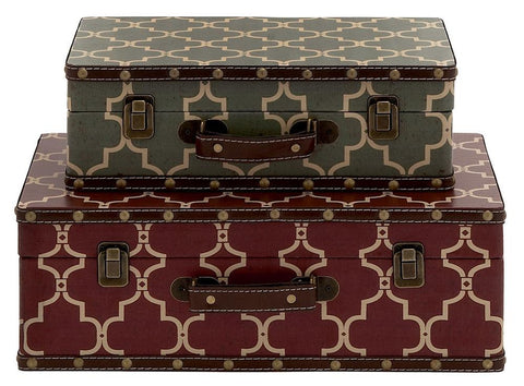 91821 Moroccan Design Wood Vinyl Suitcase Storage Box Set of 2 by Benzara