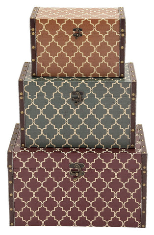 91823 Moroccan Pattern Faux Leather Wood Rectangular Storage Box Set of 3 by Benzara
