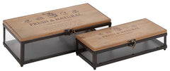 93847 Fresh & Natural Wood Metal Glass Rectangular Storage Box Set of 2 by Benzara