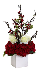 1386 Hydrangea Rose Berry Holiday Arrangement by Nearly Natural | 23.5"