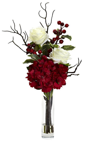 1385 Hydrangea Rose Berry Holiday Flowers by Nearly Natural | 19.5 inches