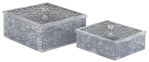 97472 Filigree Metal Glass Square Storage Box Set of 2 by Benzara
