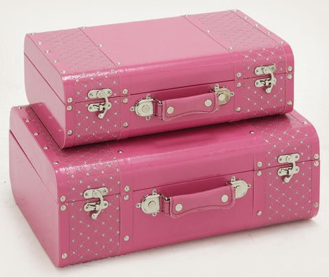 99067 White Stars on Pink Faux Leather Wood Suitcase Storage Box Set of 2 by Benzara