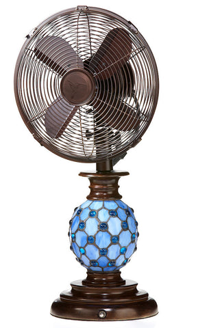 DBF1075 Azure 10 inch Stained Glass Oscillating Table Fan with Lamp by Deco Breeze