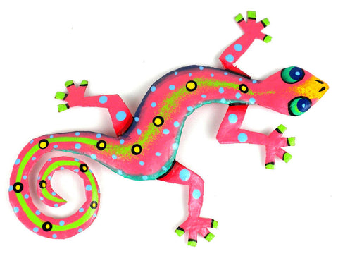 HMDBG99_2_515006 Hand Painted Pink Gecko 8" Oil Drum Metal Wall Art | Haiti Fair Trade by Global Crafts