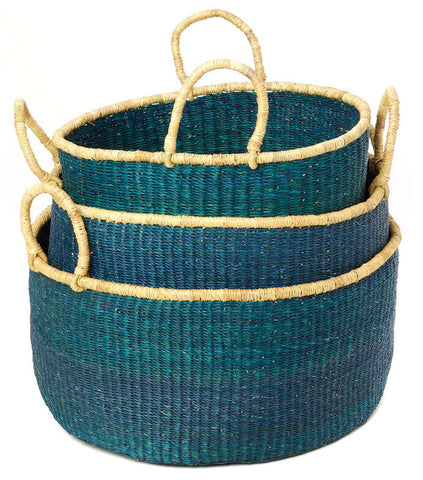 gh35c Teal Set of 3 Bolga Open Nesting Floor Storage Baskets | Ghana Fair Trade by Swahili Imports