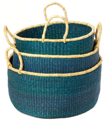 gh35c Teal Set of 3 Bolga Open Nesting Floor Storage Baskets | Ghana Fair Trade by Swahili Imports