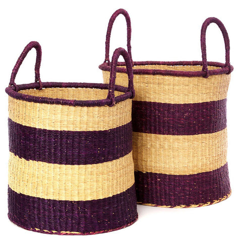 gh45b Wine Stripe Set of 2 Bolga Open Nesting Laundry Basket Hampers | Ghana Fair Trade by Swahili Imports