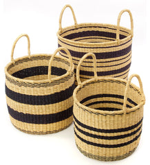 gh56 Black & Natural Stripe Set/3 Open Nesting Hamper Storage Baskets | Senegal Fair Trade by Swahili Imports