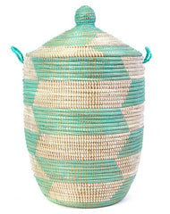 sen10o Aqua & White Chevron Medium Traditional Laundry Hamper Storage Basket | Senegal Fair Trade by Swahili Imports