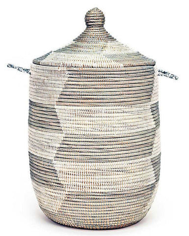 sen10u Silver & White Chevron Medium Traditional Hamper Storage Basket | Senegal Fair Trade by Swahili Imports