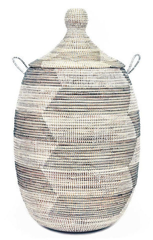 sen11u Silver & White Chevron Large Traditional Laundry Hamper Storage Basket | Senegal Fair Trade by Swahili Imports