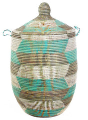 sen11y Aqua Silver & White Chevron Large Traditional Hamper Storage Basket | Senegal Fair Trade by Swahili Imports
