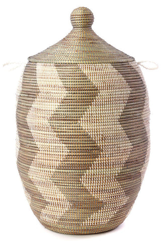 sen12l Silver & White Zig Zag Extra Large Traditional Laundry Hamper Basket | Senegal Fair Trade by Swahili Imports