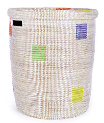 sen15q White with Rainbow Dots Medium Peace Corps Lidded Hamper Basket | Senegal Fair Trade by Swahili Imports