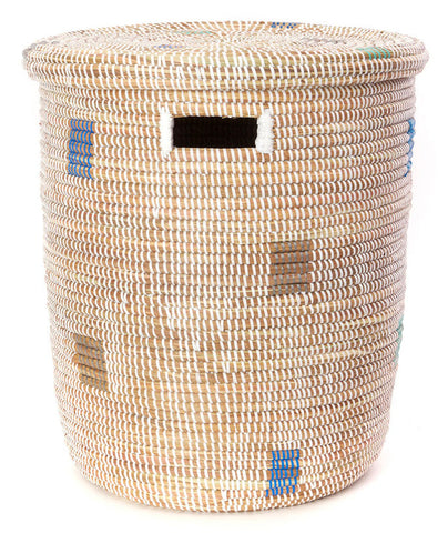 sen15s White with Blue & Silver Dots Medium Peace Corps Lidded Hamper Basket | Senegal Fair Trade by Swahili Imports