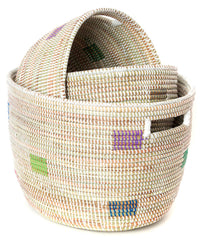 sen24q White with Rainbow Dots Set of 3 Open Nesting Knitting Sewing Baskets | Senegal Fair Trade by Swahili Imports