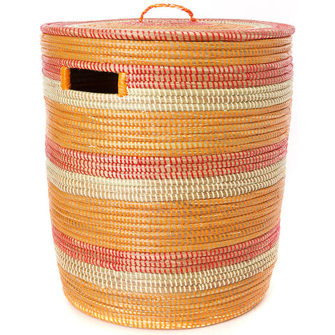 sen40f Orange Red & Cream Stripe Medium Sahara Woven Laundry Hamper Basket | Senegal Fair Trade by Swahili Imports