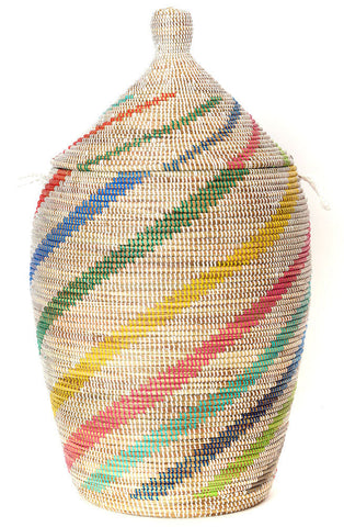 sen44-Swirl White with Rainbow Swirl Extra Large Traditional Laundry Hamper Basket | Senegal Fair Trade by Swahili Imports