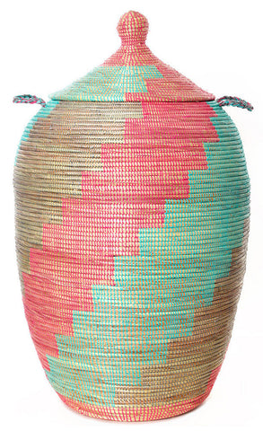 sen44h Silver Pink Aqua Twirl Extra Large Traditional Laundry Hamper Basket | Senegal Fair Trade by Swahili Imports