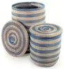 sen45d Blue & White Stripe Set of 2 Sand Dune Storage Baskets with Lids | Senegal Fair Trade by Swahili Imports