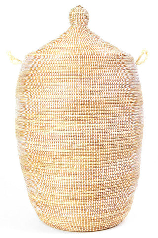 sen49s Cream & White Spiral Extra Large Traditional Laundry Hamper Basket | Senegal Fair Trade by Swahili Imports