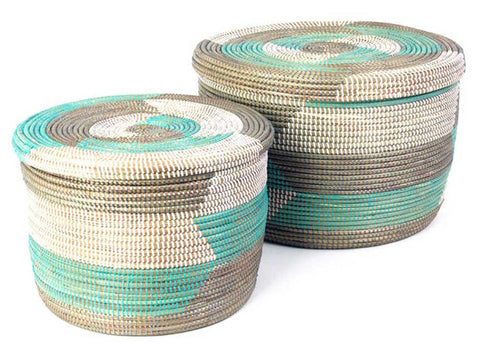 sen55y Aqua Silver & White Chevron Set of 2 Lidded Nesting Storage Baskets | Senegal Fair Trade by Swahili Imports